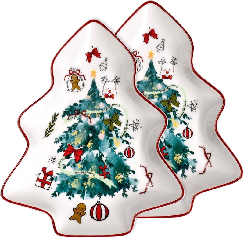 fMSDD 2 Pcs 6 Inch Christmas Tree Plates, Ceramic Spoon Rest for Stove Top - Cute Christmas Tree Shaped Spoon Holder Serving Tray Dish for Kitchen Countertop Table for Snack Cookies & Candy, Green Xmas Tree - Image 1